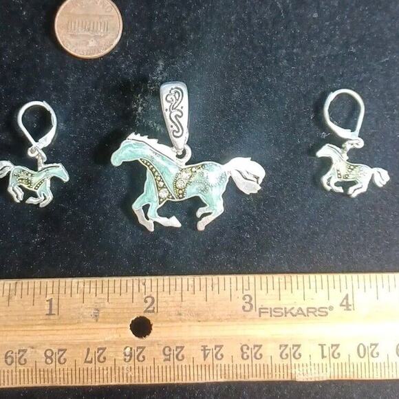 Enameled Blue Horse Charm and Earrings Western Cowboy Rodeo Range Pierced - Picture 4 of 8